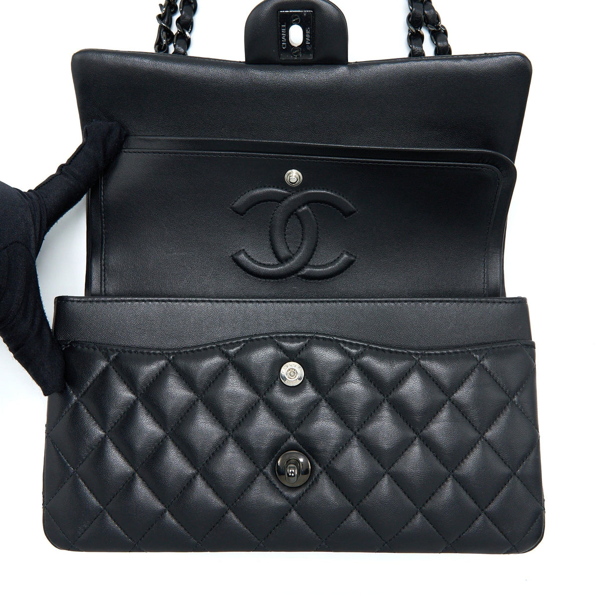 CHANEL MEDIUM CLASSIC DOUBLE FLAP BAG LAMBSKIN SO BLACK WITH BLACK HARDWARE (MICROCHIP)