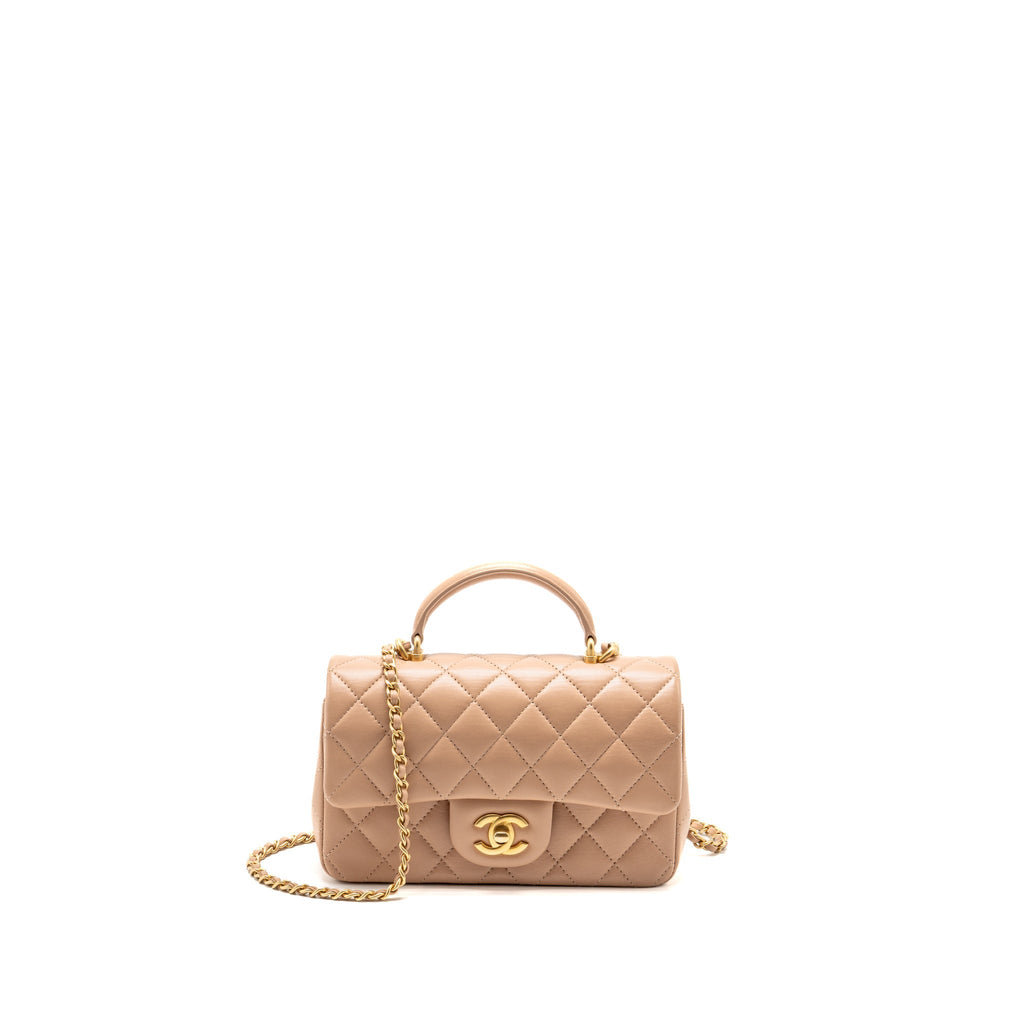 Chanel Top Handle Mini Rectangular Flap Bag Lambskin Beige GHW (Microchip)