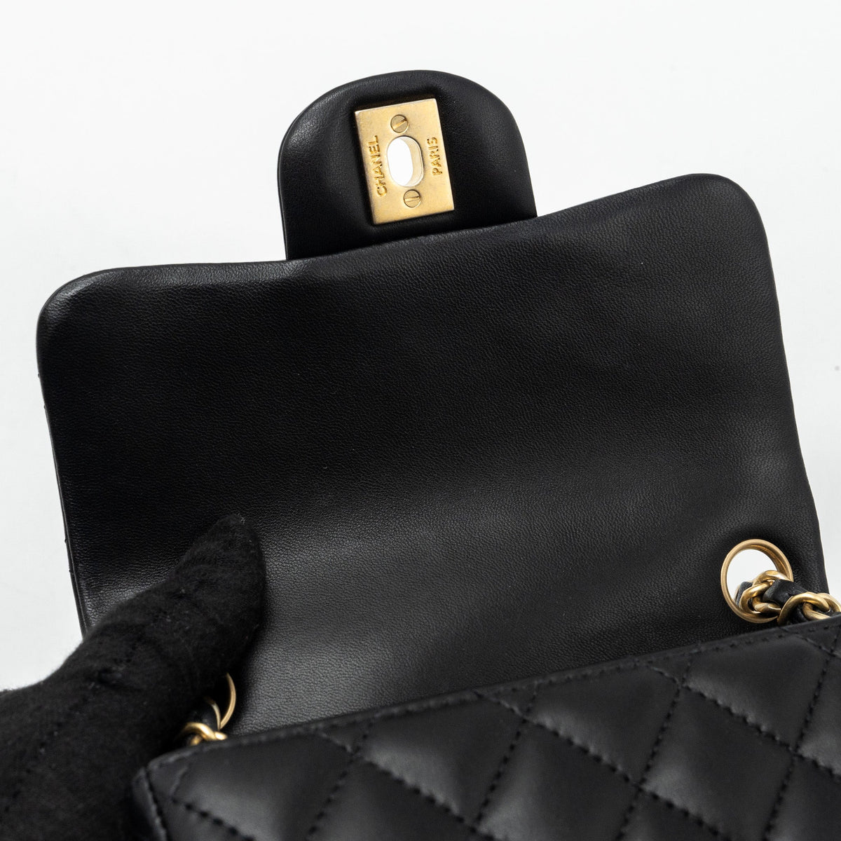 CHANEL CLASSIC MINI SQUARE FLAP BAG LAMBSKIN BLACK BRUSHED GHW
