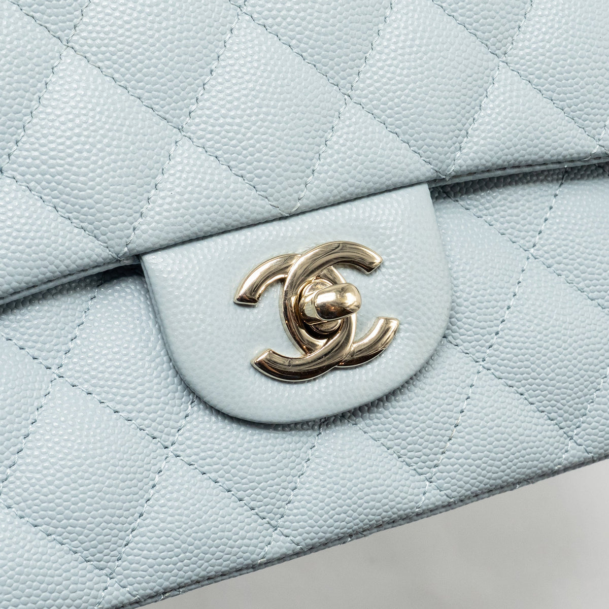 CHANEL MEDIUM CLASSIC DOUBLE FLAP BAG CAVIAR LIGHT BLUE LGHW (MICROCHIP)