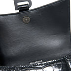 BALENCIAGA HOURGLASS XS CROC-EMBOSSED CALFSKIN SO BLACK