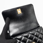 CHANEL DETAILED METAL TOP HANDLE MINI COCO HANDLE FLAP BAG SHINY CALFSKIN BLACK GHW (MICROCHIP)