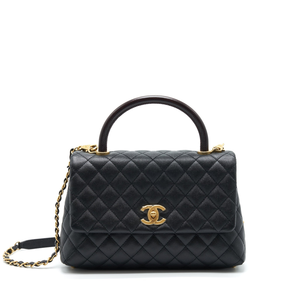 CHANEL MEDIUM COCO HANDLE WITH LIZARD EMBOSSED HANDLE CAVIAR BLACK GHW