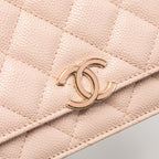 CHANEL ENAMEL LOGO QUILTED WALLET ON CHAIN CAVIAR LIGHT PINK LGHW