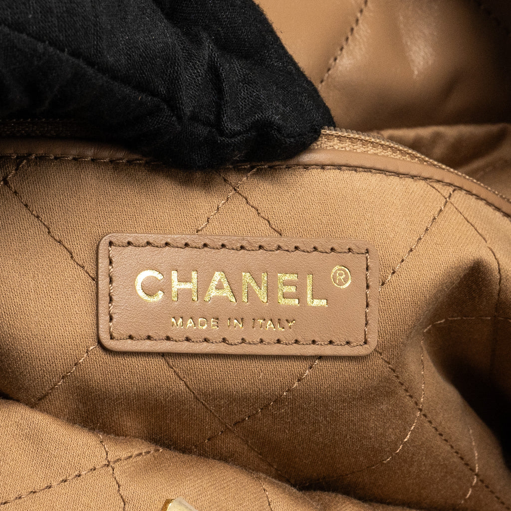 CHANEL SMALL 22 BAG SHINY CALFSKIN DARK BEIGE GHW (MICROCHIP)