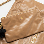 CHANEL SMALL 22 BAG SHINY CALFSKIN DARK BEIGE GHW (MICROCHIP)