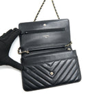 CHANEL CHEVRON WALLET ON CHAIN LAMBSKIN BLACK WITH GHW