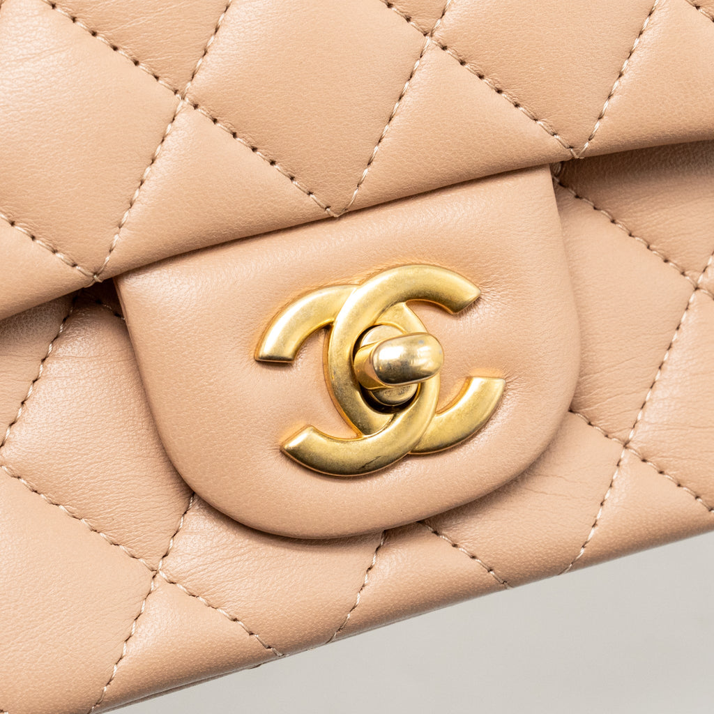 Chanel Top Handle Mini Rectangular Flap Bag Lambskin Beige GHW (Microchip)