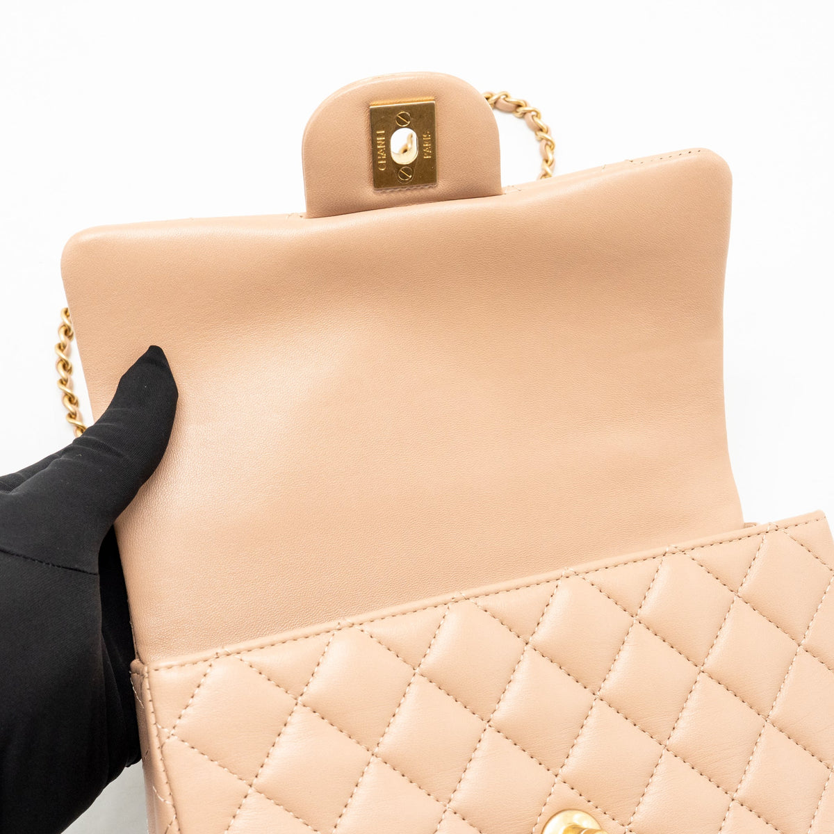 Chanel Top Handle Mini Rectangular Flap Bag Lambskin Beige GHW (Microchip)