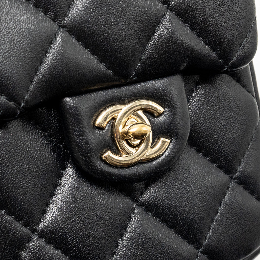 Chanel letter pearl chain mini flap clutch Lambskin black LGHW