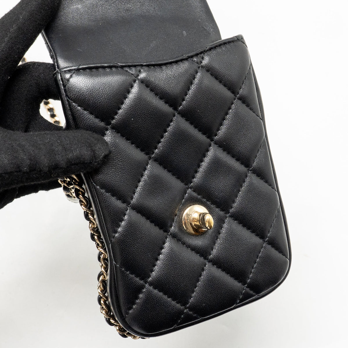 Chanel letter pearl chain mini flap clutch Lambskin black LGHW