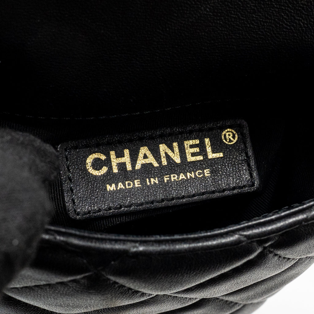Chanel letter pearl chain mini flap clutch Lambskin black LGHW