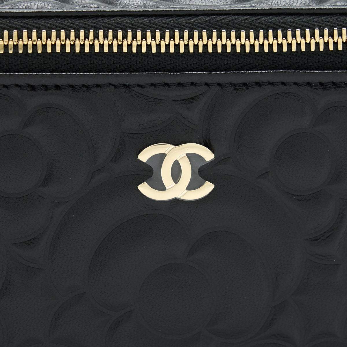 CHANEL CAMELLIA LONG VANITY WITH CHAINS LAMBSKIN BLACK LGHW