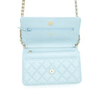 CHANEL 22P WALLET ON CHAIN WITH CC LOGO CHAIN CAVIAR LIGHT BLUE LGHW