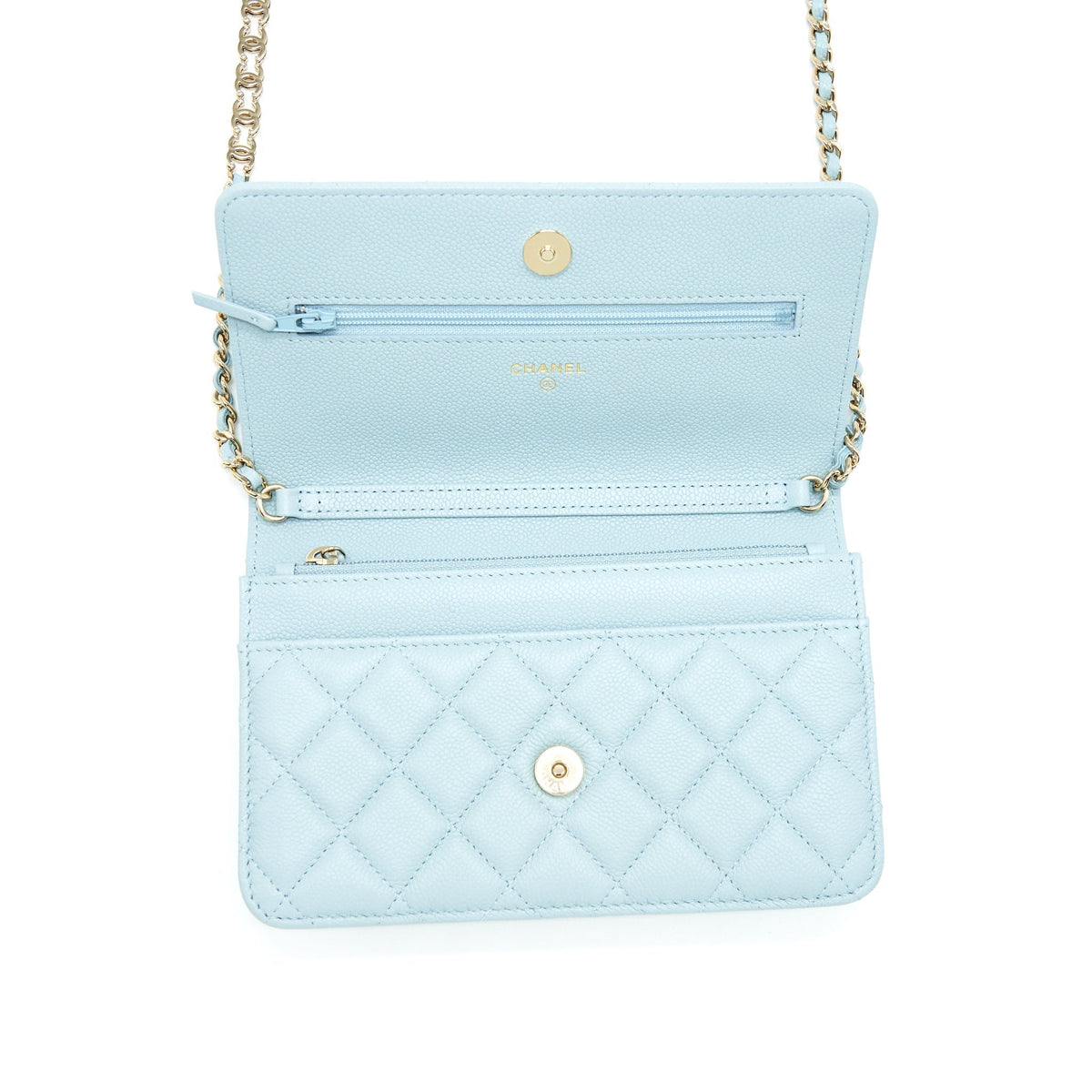 CHANEL 22P WALLET ON CHAIN WITH CC LOGO CHAIN CAVIAR LIGHT BLUE LGHW