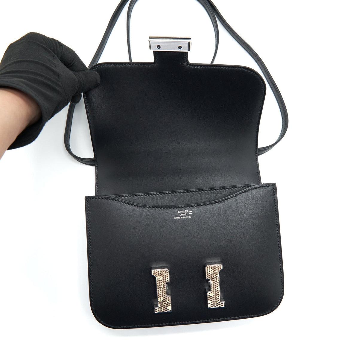 HERMES MINI CONSTANCE MONSTEUR LEATHER LIZARD BUCKLE BLACK/ OMBRE SHW