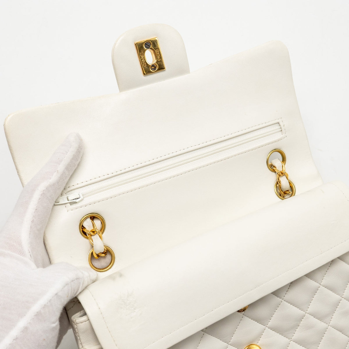 CHANEL VINTAGE SMALL CLASSIC DOUBLE FLAP BAG LAMBSKIN WHITE GHW