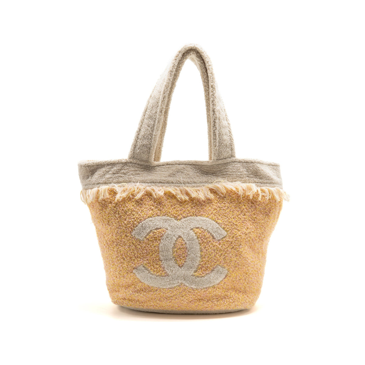 Chanel Coco Beach Tote Bag with Towel / Pouch Set Cotton Light Yellow/Pink