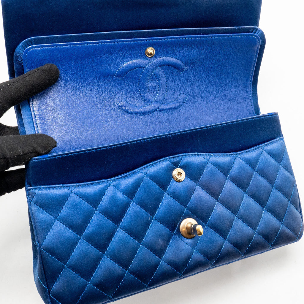 Chanel medium classic double flap bag satin blue GHW