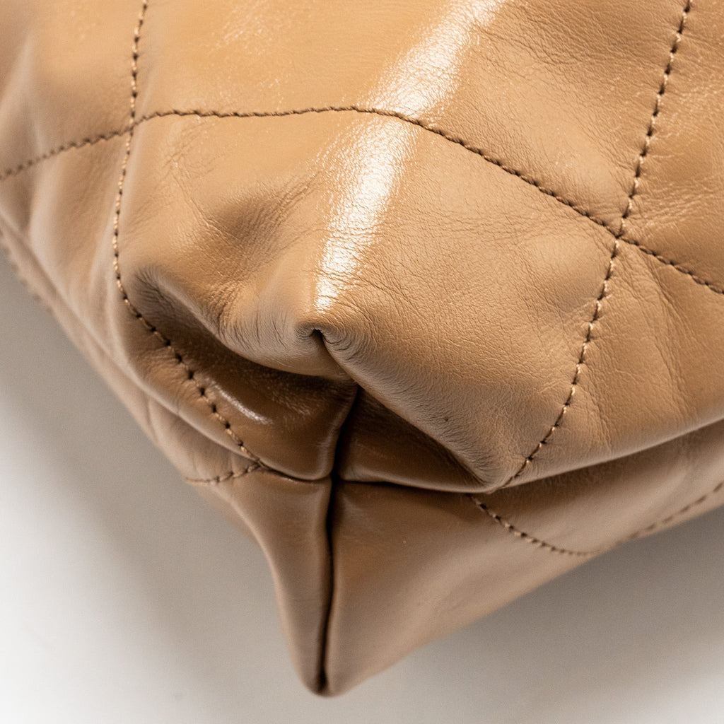 CHANEL SMALL 22 BAG SHINY CALFSKIN DARK BEIGE GHW (MICROCHIP)