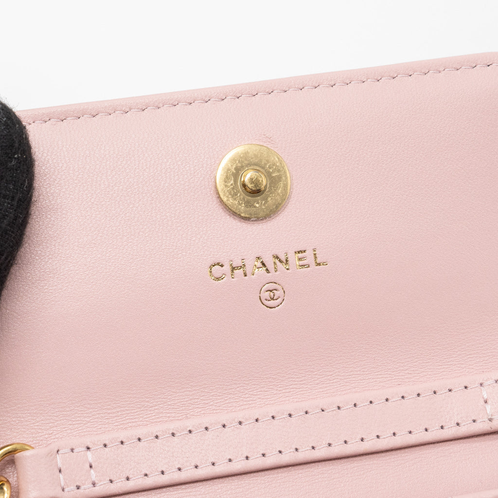 CHANEL MINI FLAP CARD HOLDER WITH CHAIN LIMITED EDITION LAMBSKIN LIGHT PINK GHW (MICROCHIP)