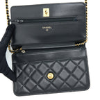 CHANEL 21S WALLET ON CHAIN WITH PEARL/CC LOGO ROUND HANDLE LAMBSKIN BLACK BRUSHED GHW