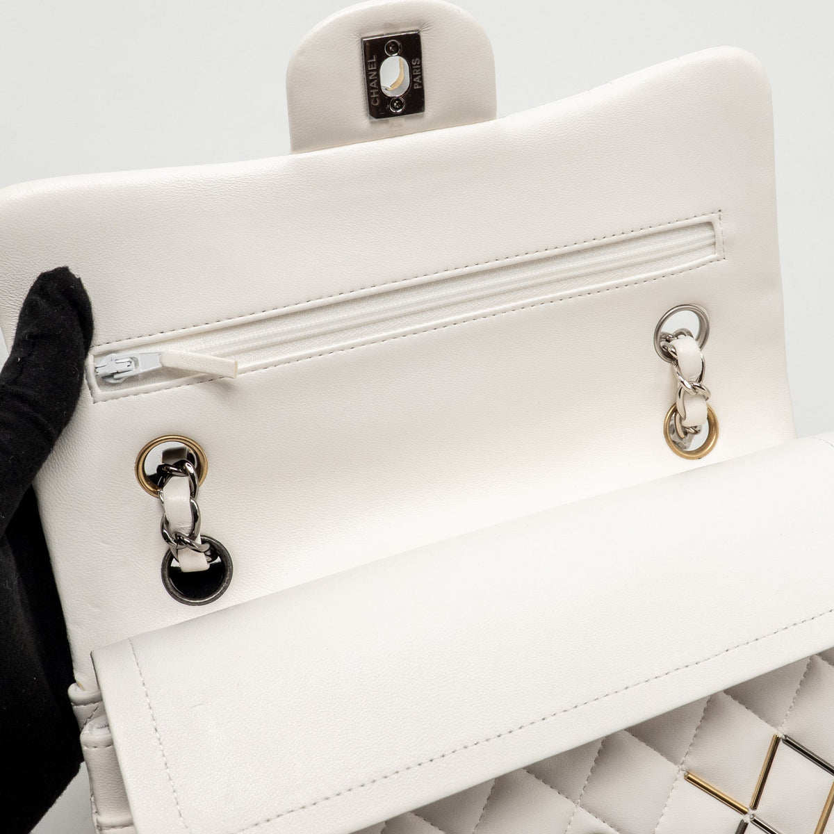 CHANEL BICOLOR METAL SMALL CLASSIC DOUBLE FLAP BAG LAMBSKIN WHITE MULITCOLOUR HARDWARE