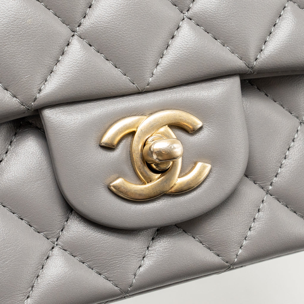 Chanel 22B Metal Top Handle Mini Rectangular Flap Bag Lambskin Grey GHW (Microchip)