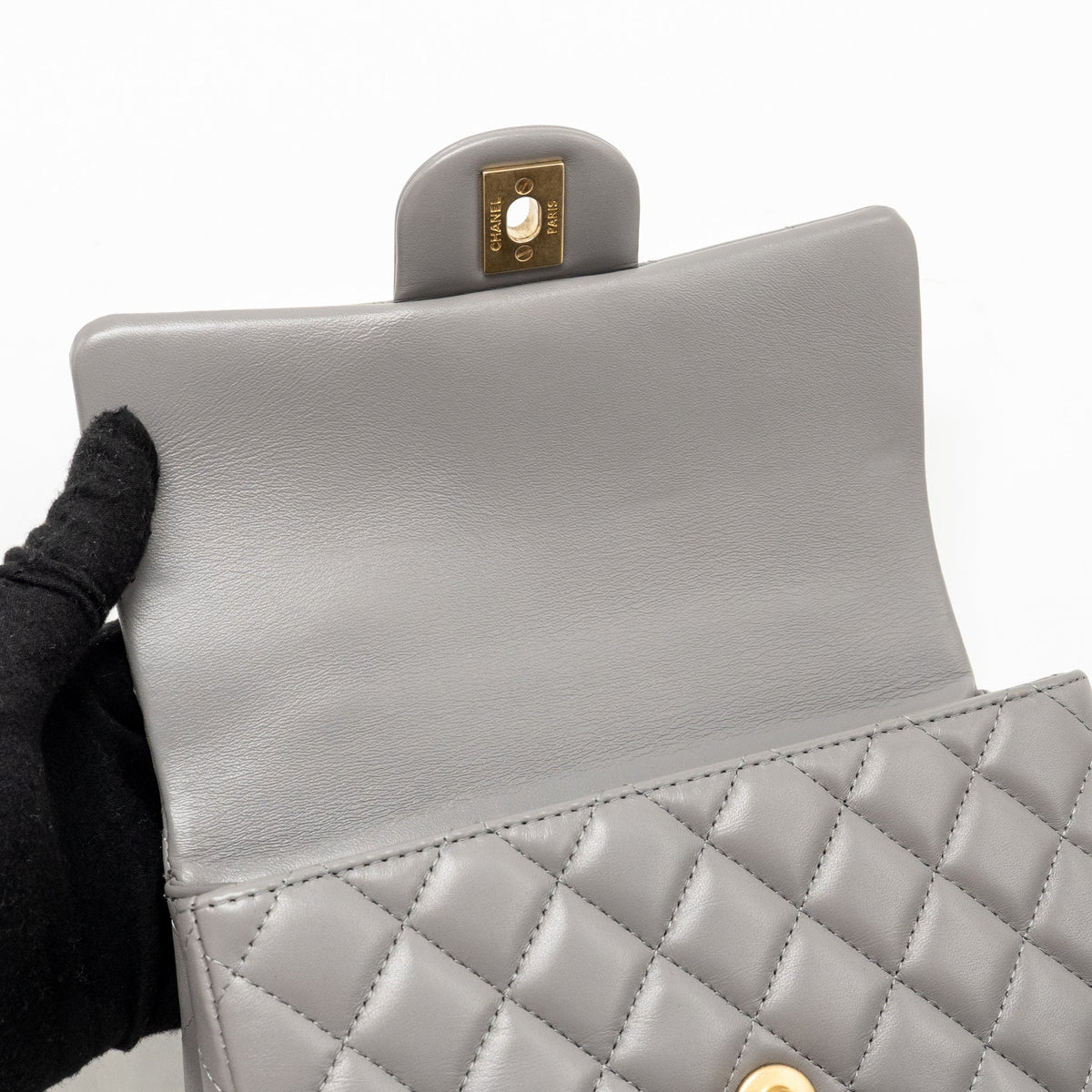 Chanel 22B Metal Top Handle Mini Rectangular Flap Bag Lambskin Grey GHW (Microchip)
