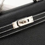 Hermes Mini Kelly II special order Chevre Mysore black / gris perle white stitching SHW