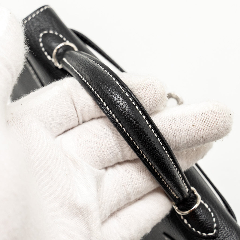 Hermes Mini Kelly II special order Chevre Mysore black / gris perle white stitching SHW