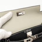 Hermes Mini Kelly II special order Chevre Mysore black / gris perle white stitching SHW