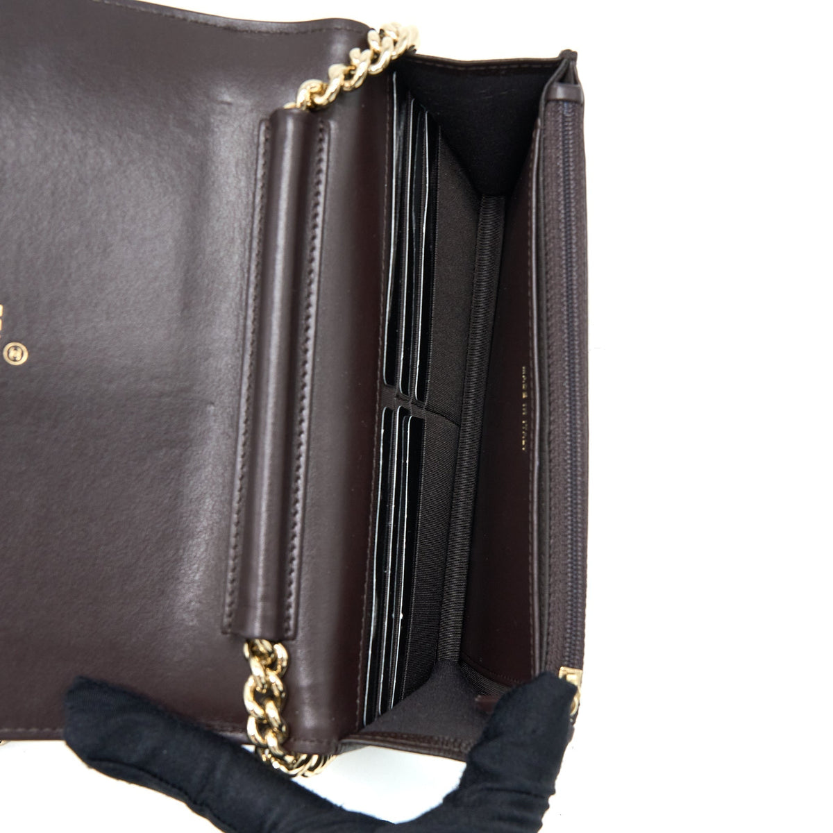 CHANEL BOY WALLET ON CHAIN GRAINED CALFSKIN BROWN LGHW (MICROCHIP)