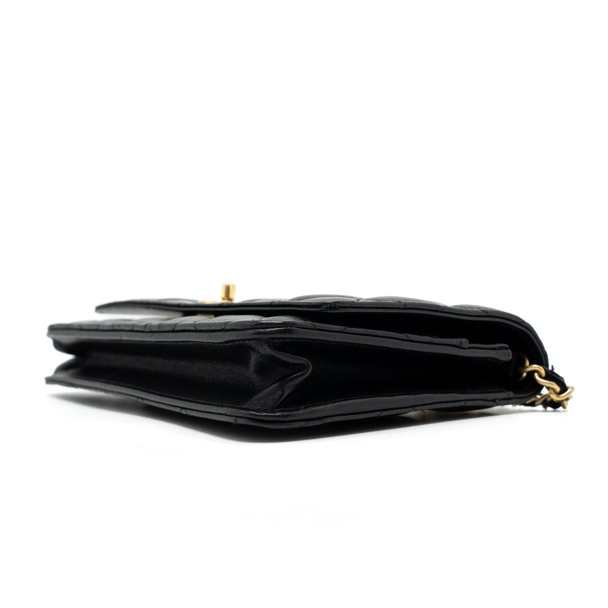 CHANEL PEARL CRUSH WALLET ON CHAIN LAMBSKIN BLACK BRUSHED GHW (MICROCHIP)