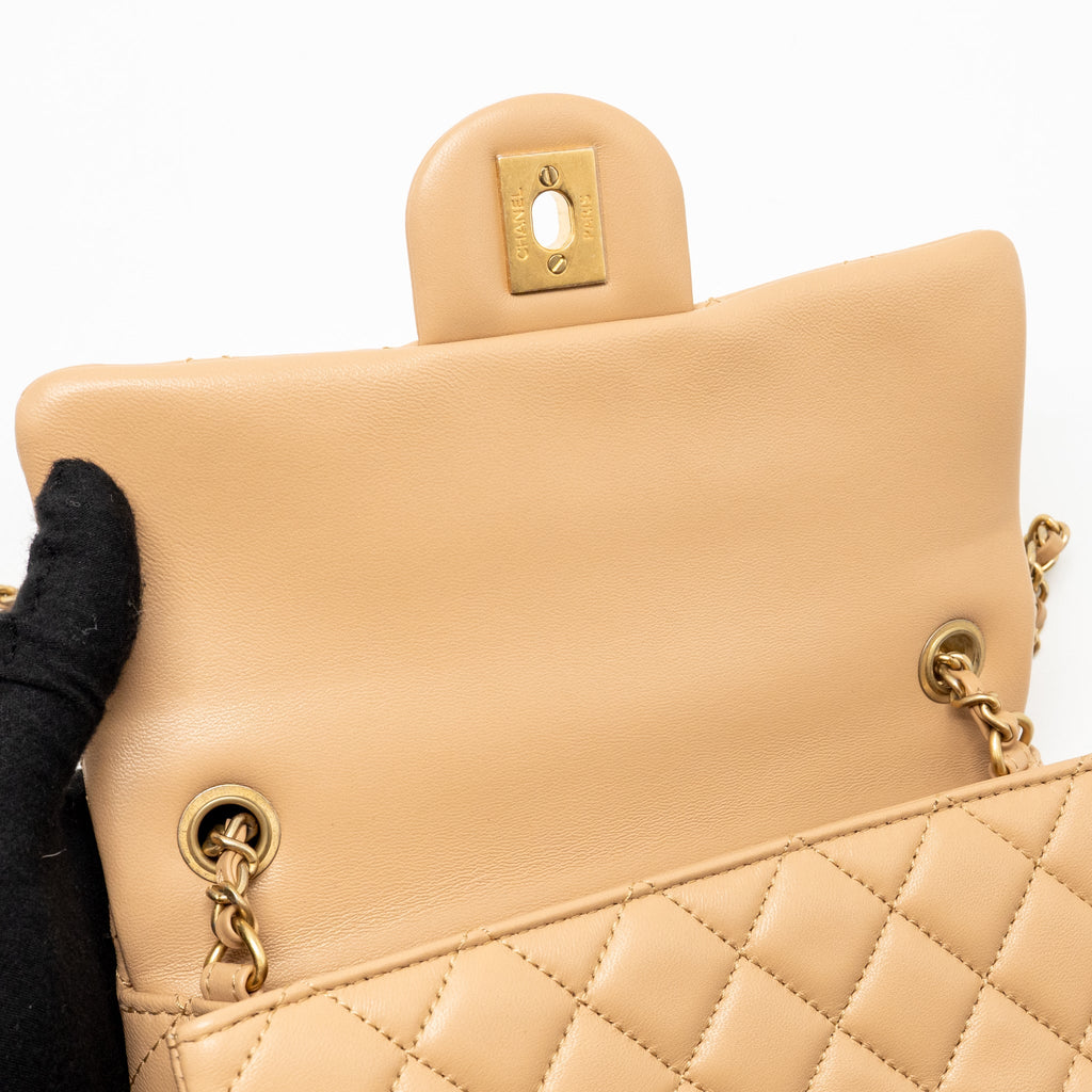 CHANEL PEARL CRUSH MINI RECTANGULAR FLAP BAG LAMBSKIN BEIGE GHW (MICROCHIP)