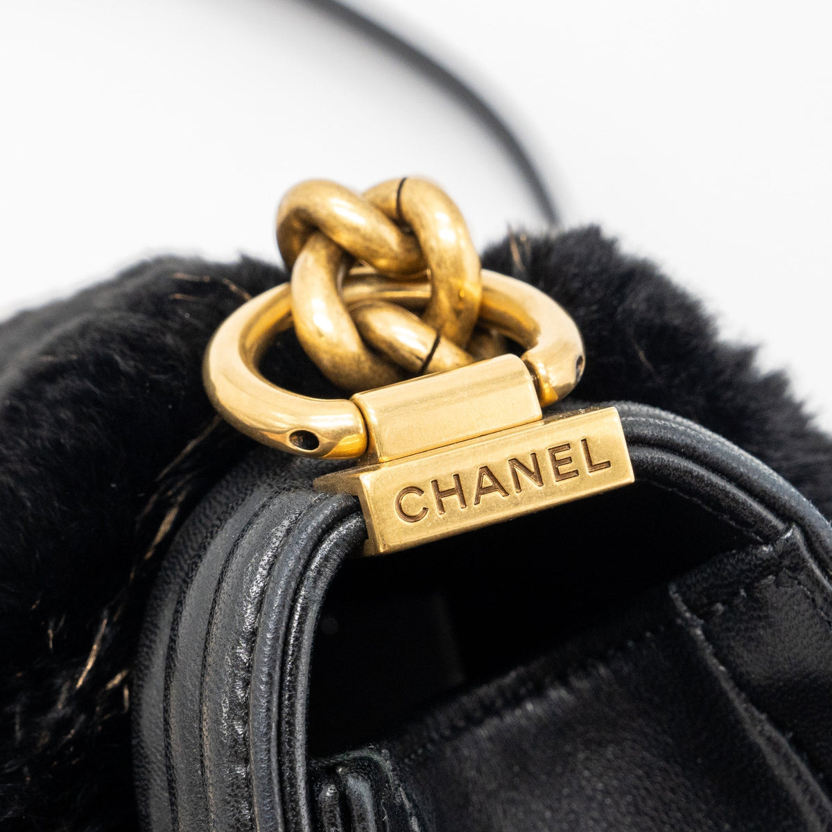 CHANEL SMALL BOY BAG RABBIT HAIR LIMITED EDITION LAMBSKIN BLACK GHW