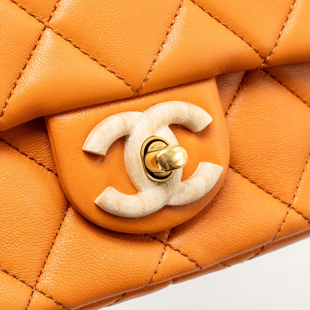 Chanel mini wenge wood flap bag metier d’art limited edition lambskin/wood orange GHW (microchip)