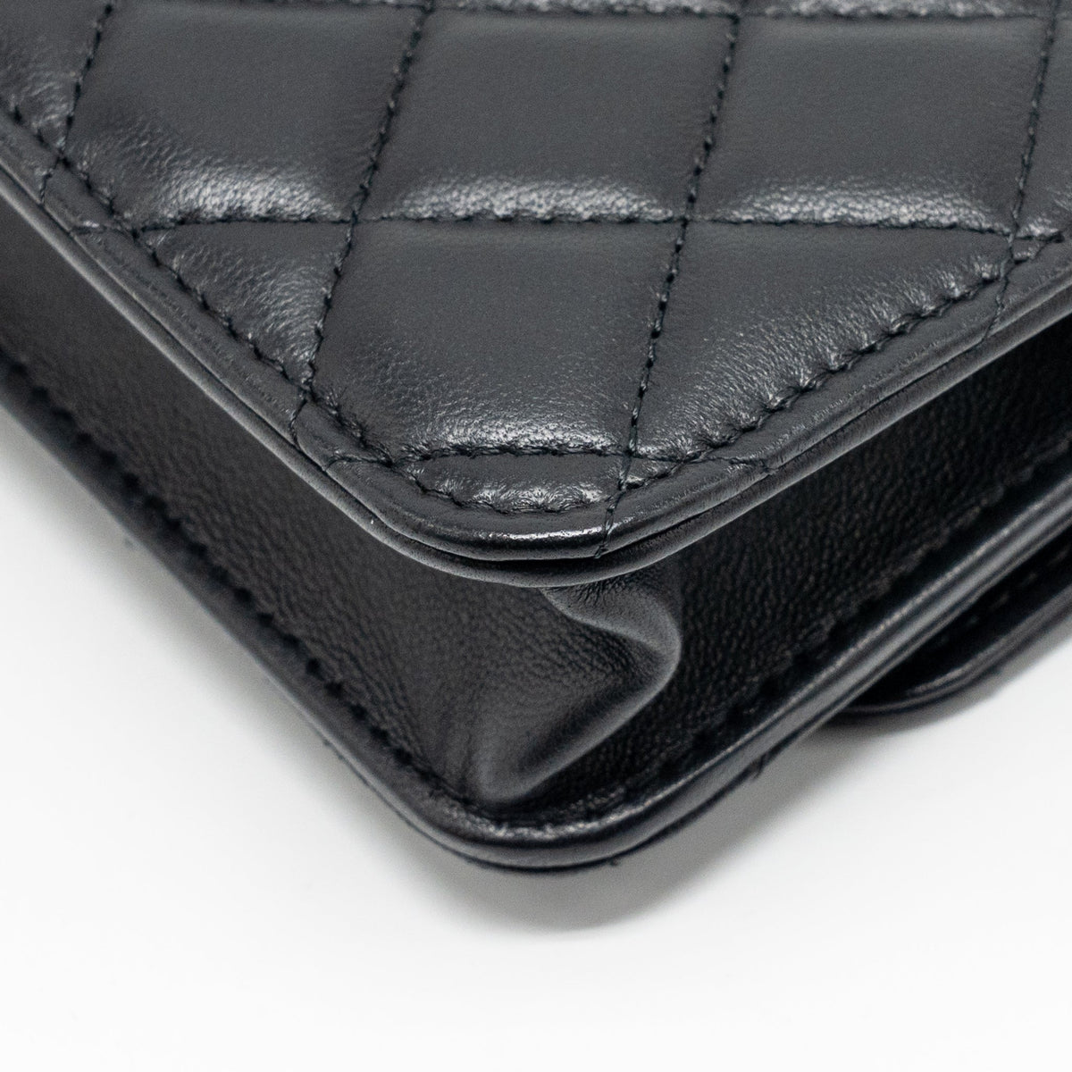 CHANEL PEARL CRUSH MINI WALLET ON CHAIN LAMBSKIN BLACK GHW (MICROCHIP)