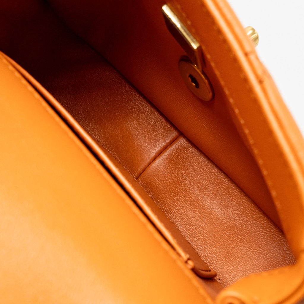 Chanel mini wenge wood flap bag metier d’art limited edition lambskin/wood orange GHW (microchip)