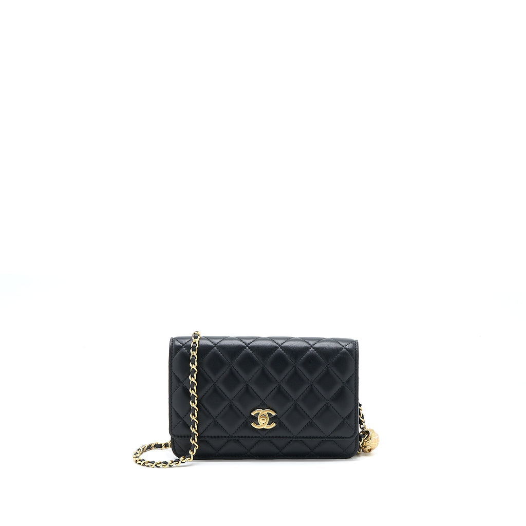 CHANEL PEARL CRUSH WALLET ON CHAIN LAMBSKIN BLACK BRUSHED GHW (MICROCHIP)