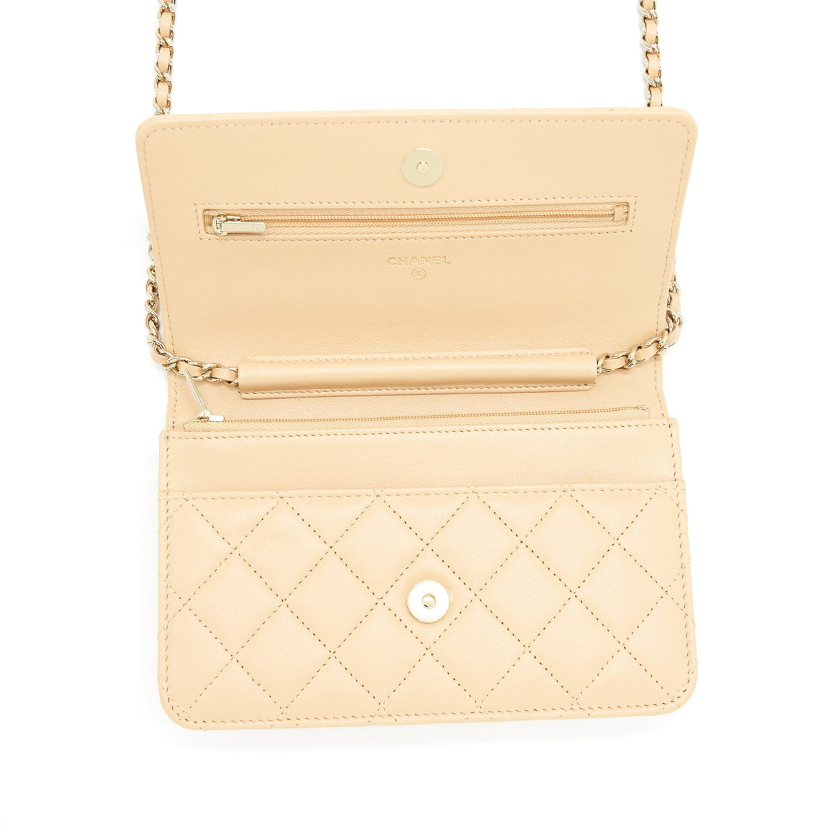 CHANEL CLASSIC WALLET ON CHAIN LAMBSKIN BEIGE LGHW（MICROCHIP）