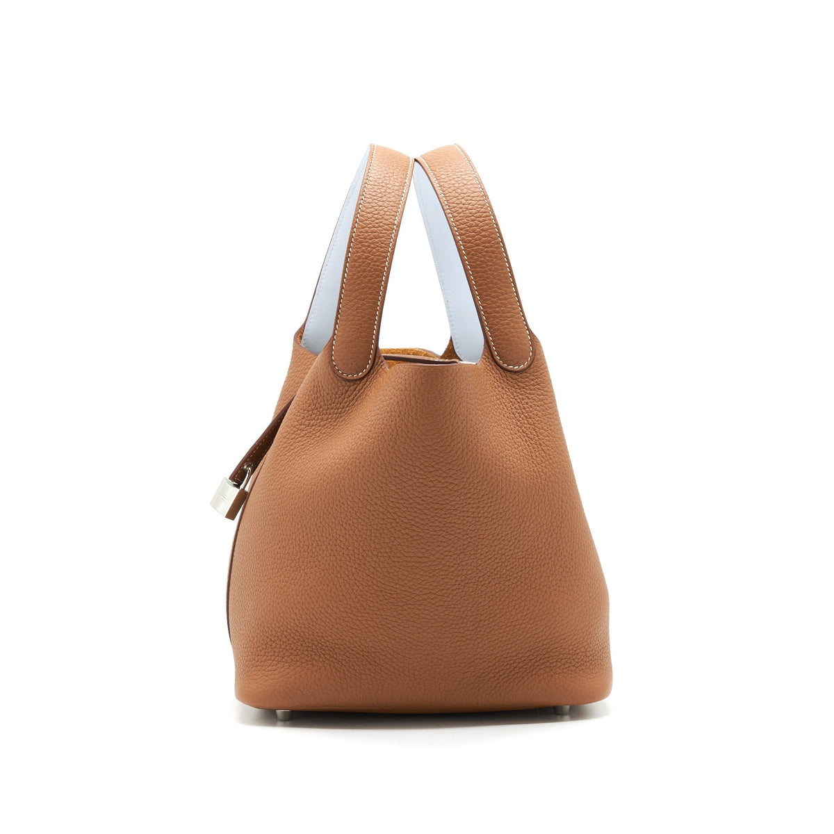 HERMES PICOTIN 22 LOCK BAG GOLD WITH BLUE BRUME HANDLE SHW