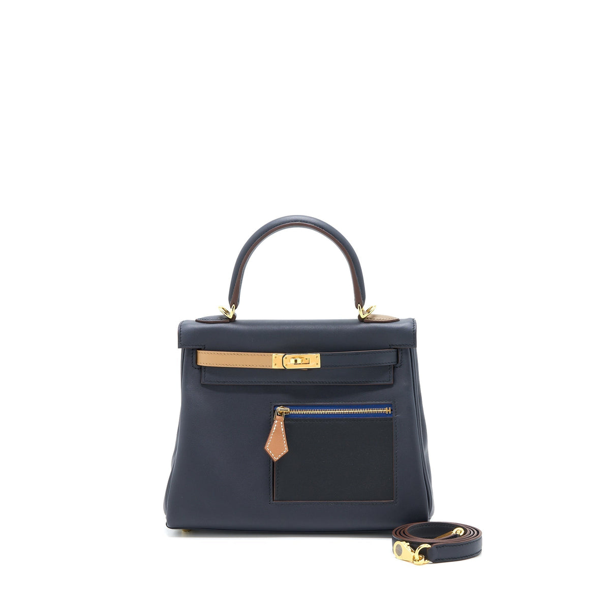HERMES KELLY 25 COLORMATIC SWIFT BLUE NUIT/CHAI/ETOUPE/GOLD/BLACK GHW