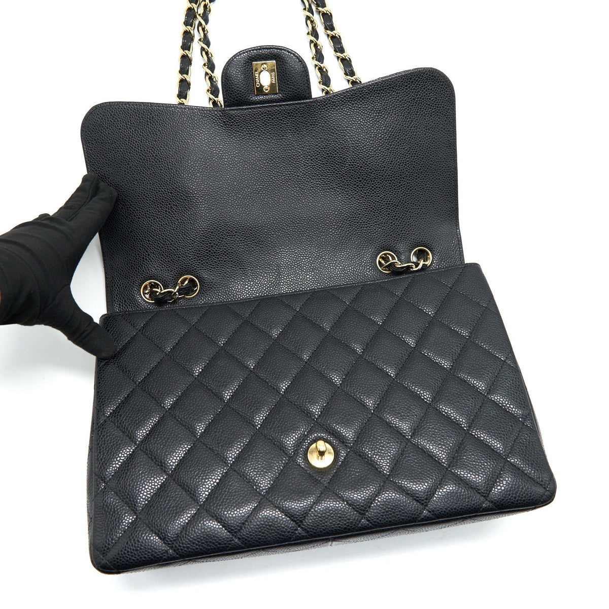 CHANEL CLASSIC JUMBO SINGLE FLAP BAG BLACK CAVIER GHW