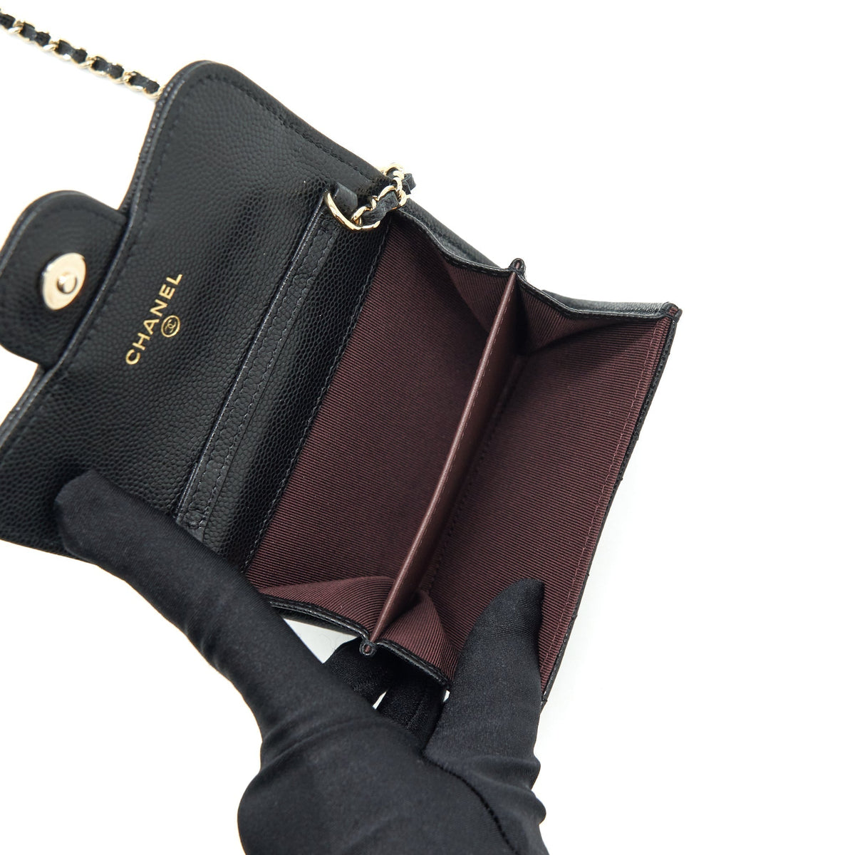 CHANEL MINI FLAP CARD HOLDER WITH CHAIN CAVIAR BLACK LGHW
