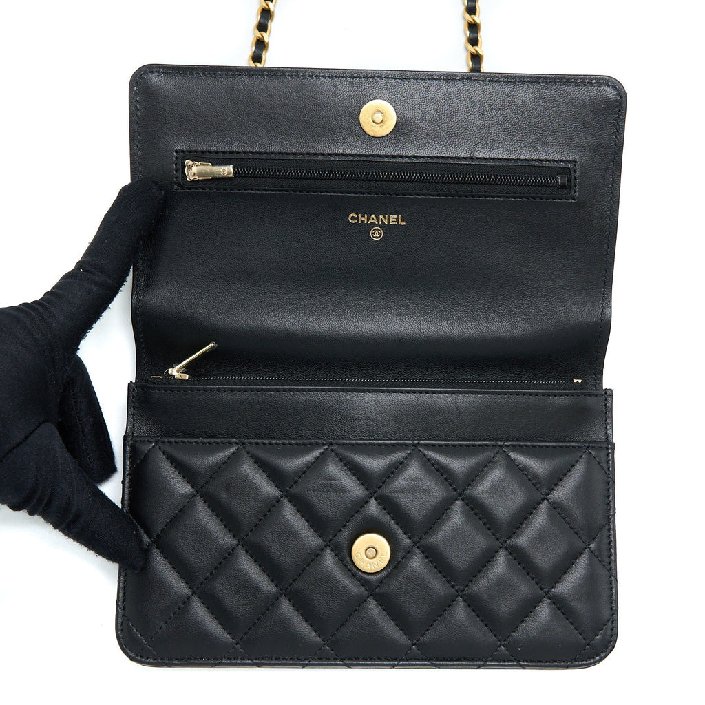 CHANEL DETAILED TOP HANDLE WALLET ON CHAIN LAMBSKIN BLACK GHW (MICROCHIP)