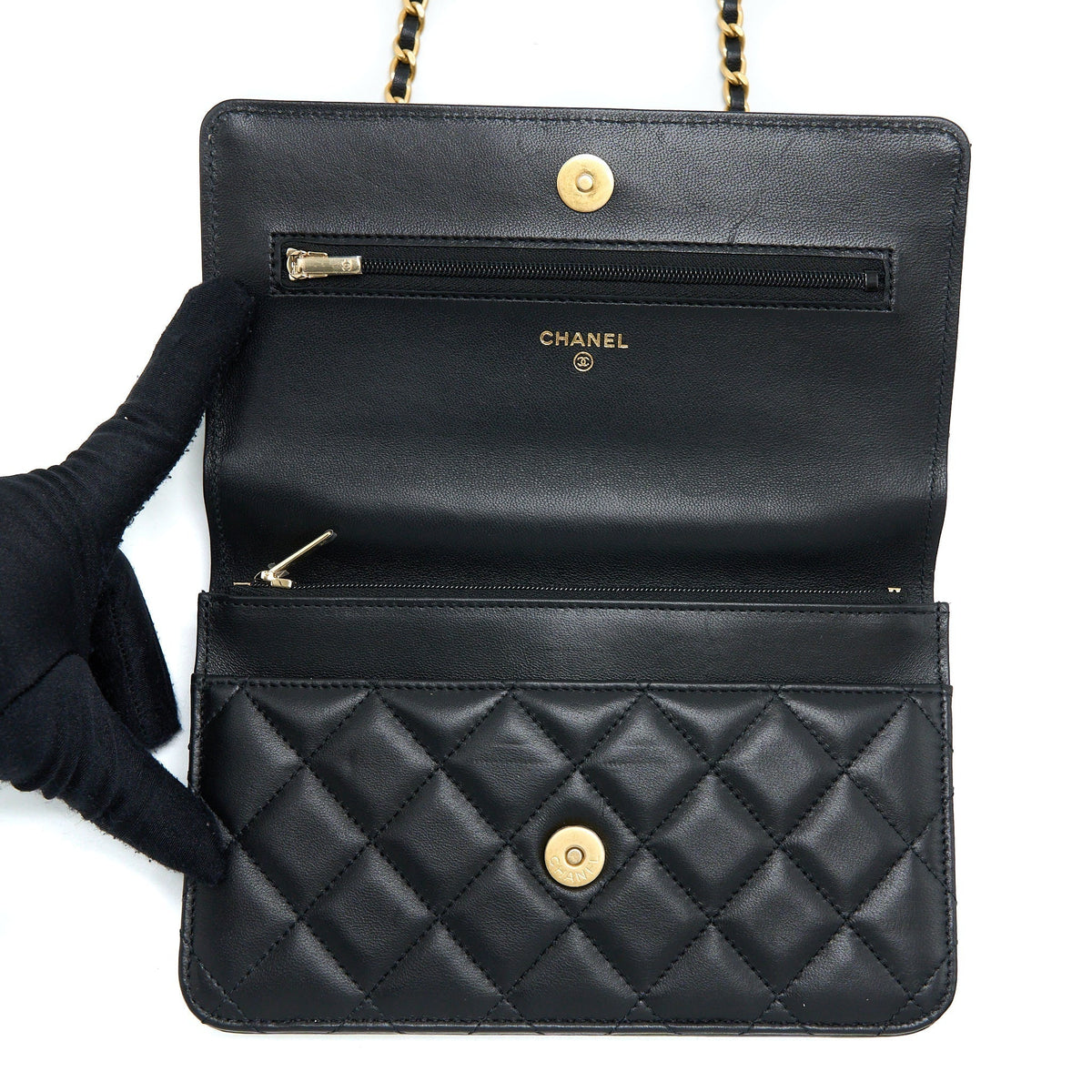 CHANEL DETAILED TOP HANDLE WALLET ON CHAIN LAMBSKIN BLACK GHW (MICROCHIP)