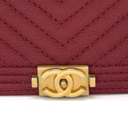 CHANEL BOY WALLET ON CHAIN CHEVRON CAVIAR RED BRUSHED GHW