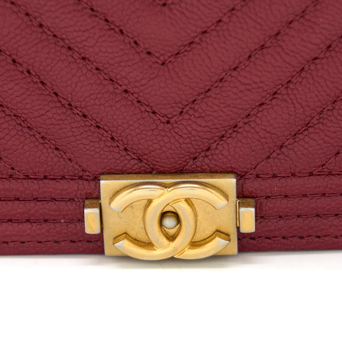 CHANEL BOY WALLET ON CHAIN CHEVRON CAVIAR RED BRUSHED GHW