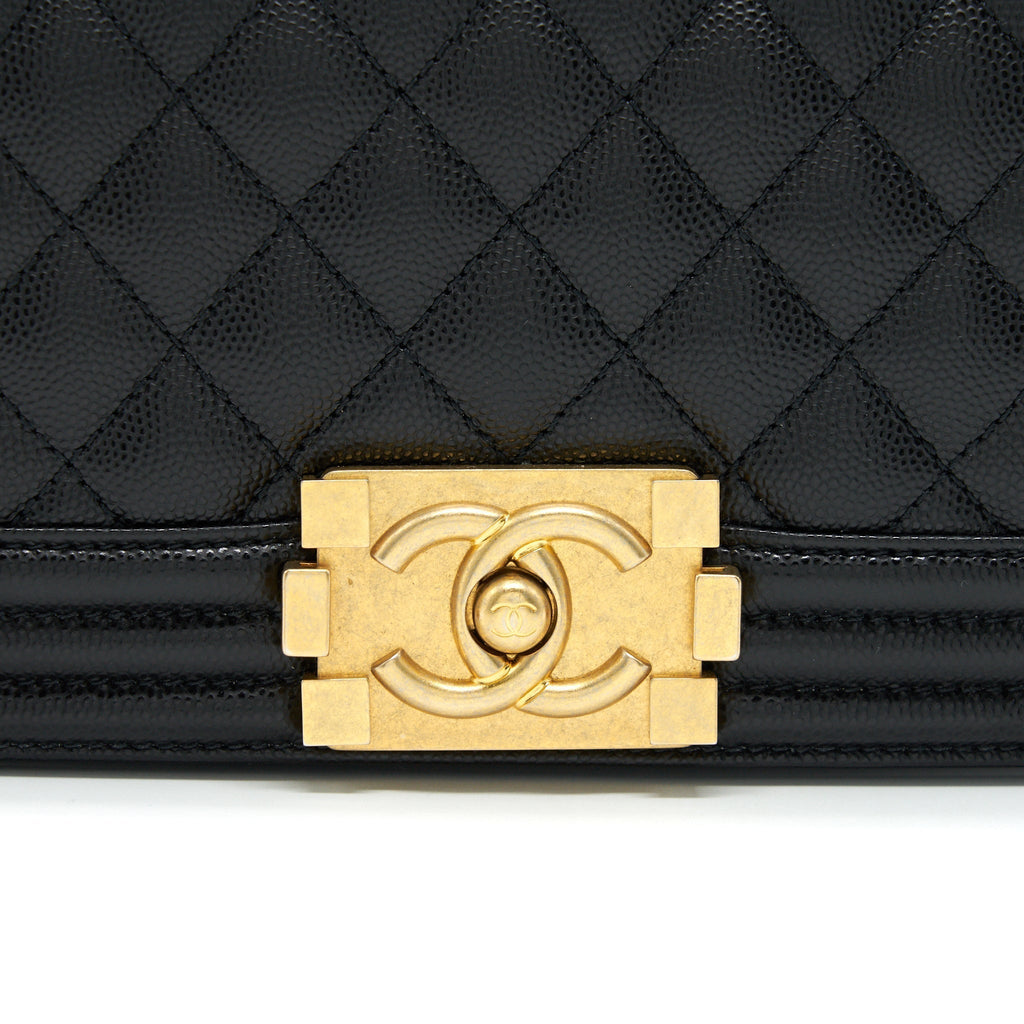 CHANEL SMALL BOY BAG CAVIAR BLACK BRUSHED GHW YEAR 2021 (MICROCHIP SERIAL）